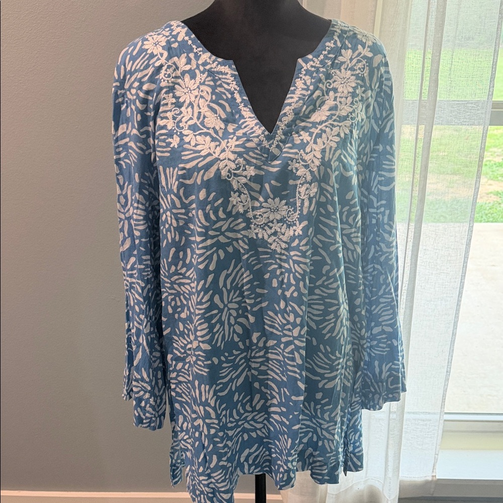 Tantrums Blue and White Floral 100% cotton embroidered boho coastal Blouse Sz XL